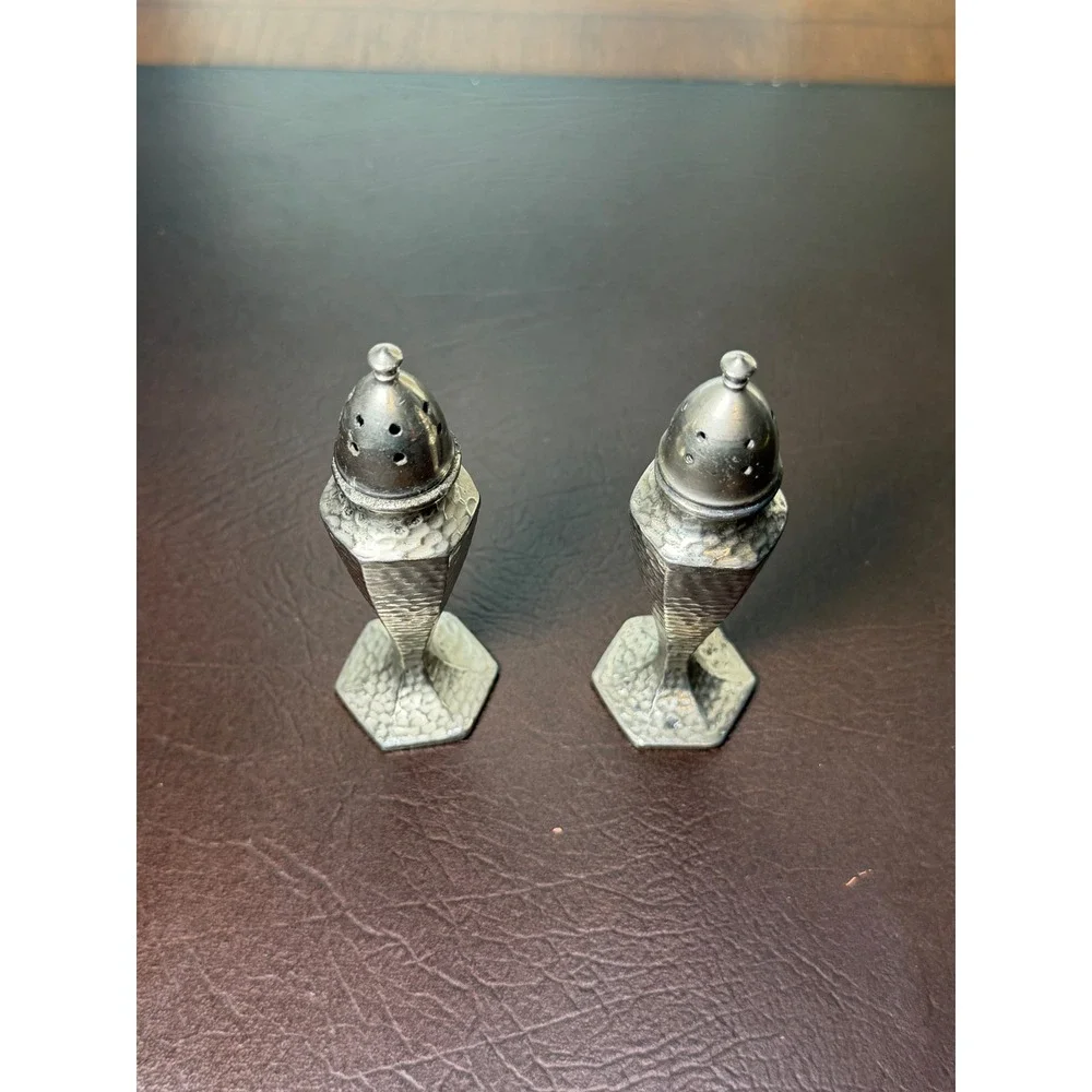 Vintage Hammered Pewter Salt and Pepper Shakers Art Deco Hexagonal Base Set